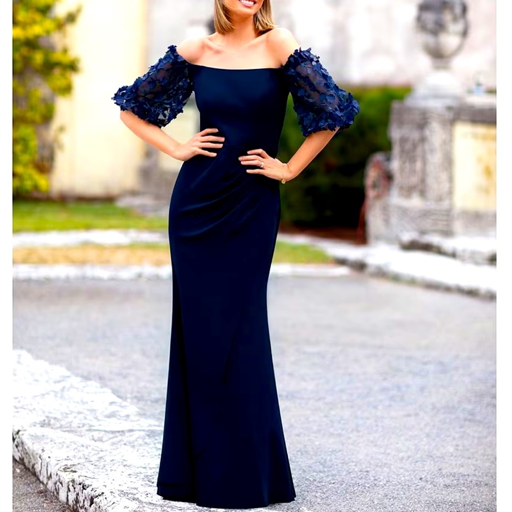Navy Xscape 3d floral sleeved gown size 4 -NWT